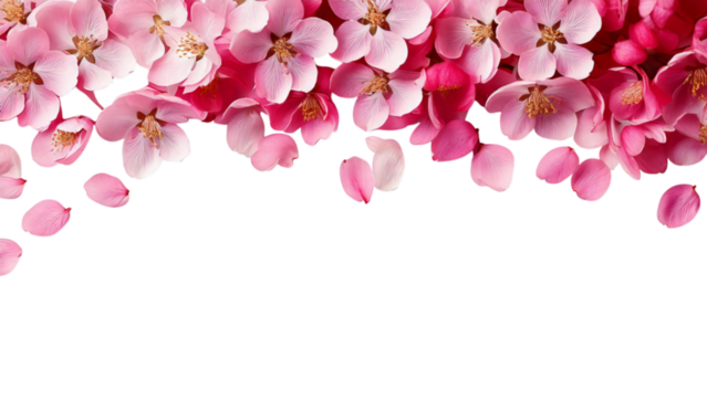 A border of cherry blossom flowers and petals, delicately arranged, isolated on a transparent background; PNG format