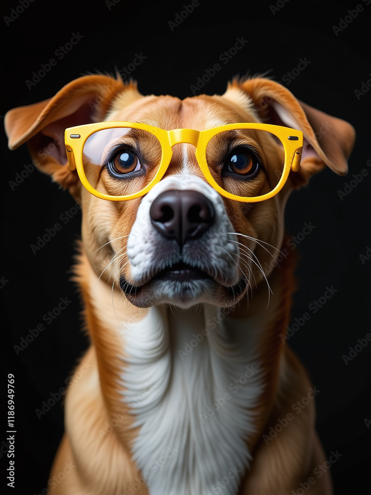 Poster a humorous portrait of a dog wearing yellow glasses is generated using artificial intelligence and i
