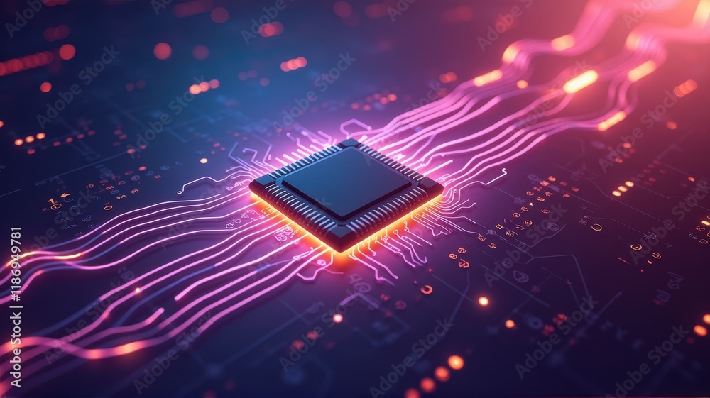 Poster futuristic microchip with neon circuitry representing artificial intelligence and advanced technolog