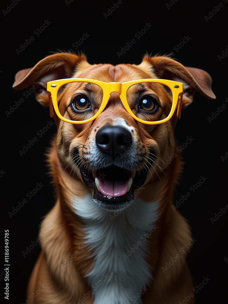 Poster a humorous portrait of a dog wearing yellow glasses is generated using artificial intelligence and i