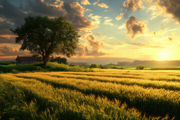 Obraz premium Golden fields and a solitary tree at sunset near a rural farmhouse in a picturesque landscape