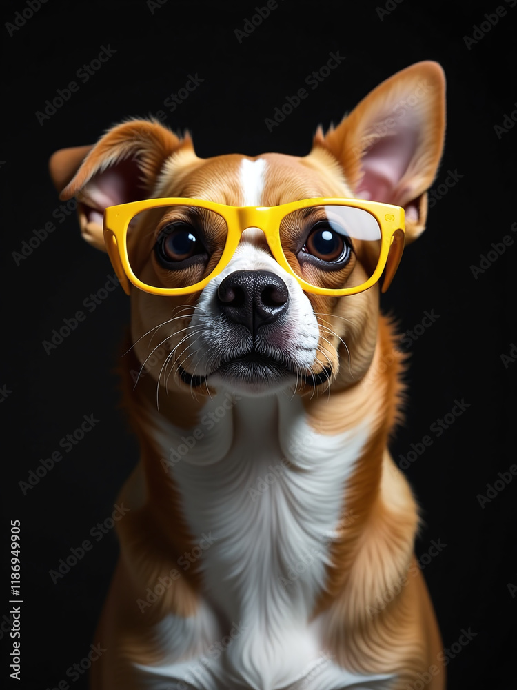 Poster a humorous portrait of a dog wearing yellow glasses is generated using artificial intelligence and i