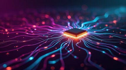 Obraz premium Abstract Representation of a Microchip Surrounded by Electric Current and Colorful Data Streams Illustrating Artificial Intelligence Technology