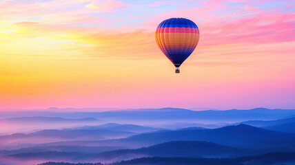 Fototapeta premium A hot air balloon gracefully soaring above a vast desert landscape at sunrise, with the horizon bathed in soft pink and orange hues, creating a serene and picturesque scene of adventure and beauty. 