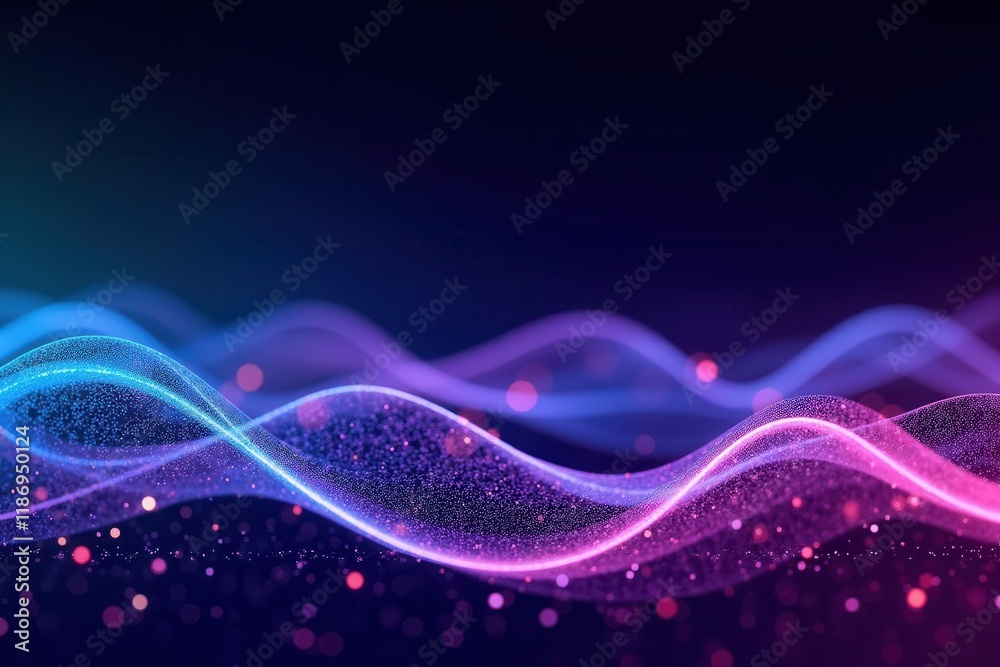 Poster abstract visualization of data streams with vibrant waves and glowing particles ideal for technology