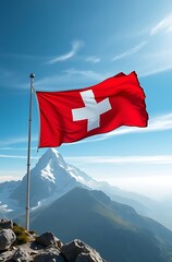 Swiss flag waving atop mountain.
