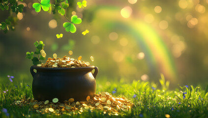 Pot filled with gold coins and rainbow on green background for St. Patrick's Day celebration.