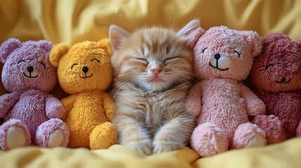 Cute ginger kitten sleeps peacefully surrounded by teddy bears on yellow bedding.