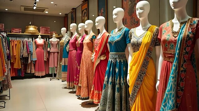 Indian Clothing Boutique Display with Mannequins Showing Traditional Dresses