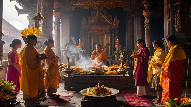 Temple ceremony Asian women praying, incense, sunlight, ancient architecture, spirituality