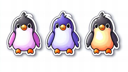 Naklejka premium Three adorable cartoon penguins in pink, purple, and orange. Perfect for kids!