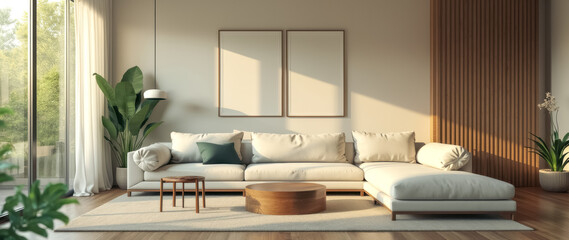 sunlit minimalist living room with beige sectional sofa wooden accents