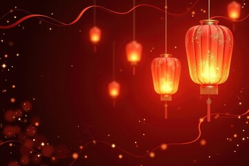 Naklejka premium Elegant Red Lanterns Hanging Against a Dark Background with Soft Glow and Twinkling Lights for Celebratory Occasions and Cultural Festivals