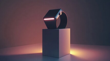 Futuristic Smartwatch Displayed on Cube, Neon Lights