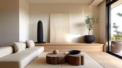 Boho Japandi Living Room: Natural Materials, Soft Accents