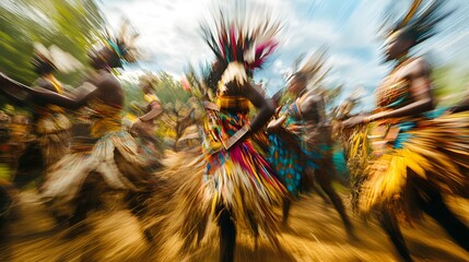 Tribal dance performance in the African savanna, vibrant costumes, blurred motion, communal celebration