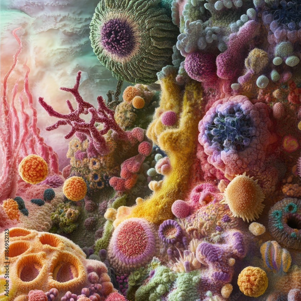 Fototapete vibrant textures of bacteria create an intricate background resembling an underwater ecosystem. gene