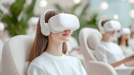 modern classroom featuring students wearing virtual reality headsets, engaged in immersive learning experiences. environment is bright and futuristic, promoting advanced education