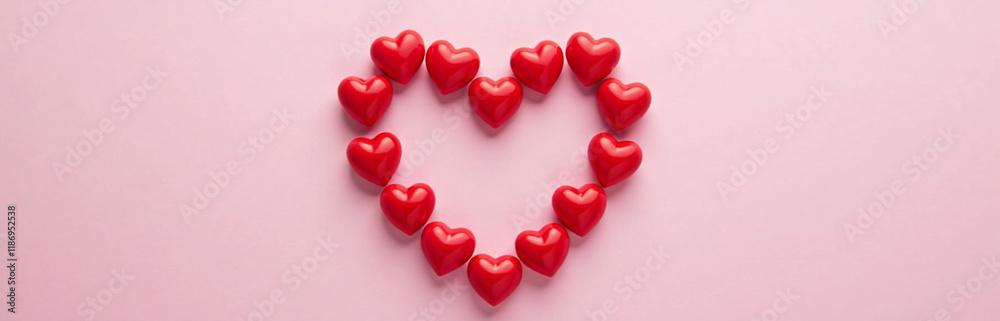 Poster a heart shape made of red hearts is positioned in the center of a pink background leaving space to a