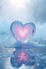 A Beautiful Heart-Shaped Ice Sculpture Reflecting Soft Light in a Dreamy Winter Landscape, Evoking Feelings of Love and Serenity