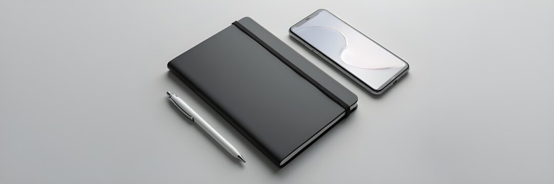 Minimalist desk setup with a sleek black notebook, a white pen, and a smartphone