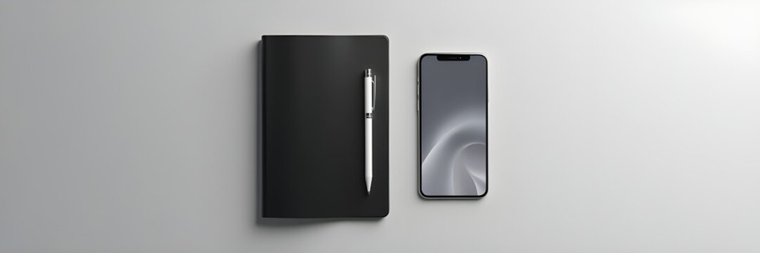 Minimalist desk setup with a sleek black notebook, a white pen, and a smartphone