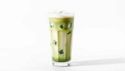 Iced Matcha Latte Drink with Ice Cubes in Glass