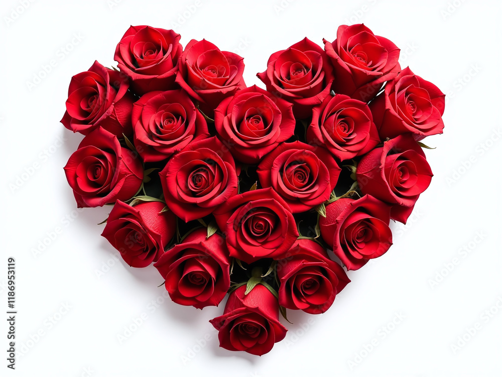 Poster a heart made entirely out of red roses is isolated against a clean white background in a simple yet 