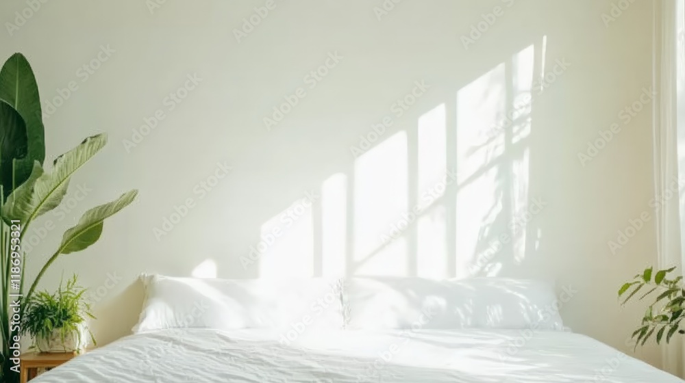 Poster bright sunlight streaming through the window casts shadows on a cozy, unmade hotel bed, creating a p