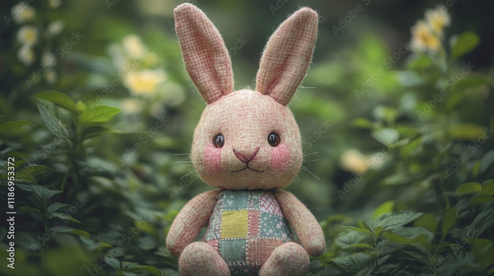 Sticker A Pink Patchwork Bunny Sits Among Green Foliage