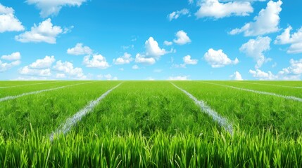 Obraz premium Lush Green Grass Field Under Bright Blue Sky with Fluffy White Clouds on a Sunny Day