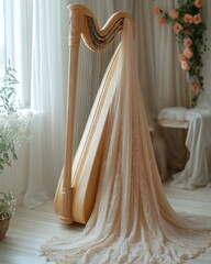Elegant harp draped in sheer fabric near window.