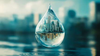 A giant droplet of water floating mid-air, containing a miniature cityscape inside, reflecting the theme of urbanization and the fragility of natural resources