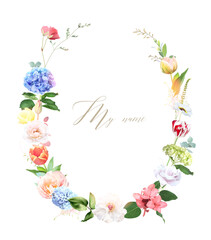 Colorful red tulip, peony, hyacinth, hydrangea, pink rose vector design invitation frame. Rustic wedding greenery. Green, beige, white tones. Watercolor round card. Summer style. Isolated and editable