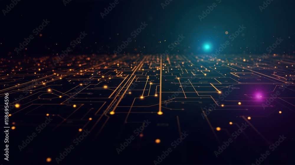 Poster abstract representation of a futuristic digital circuit network with glowing lines and sparkling poi