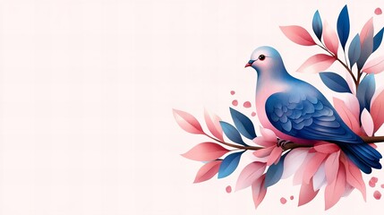 Serene blue bird perched on delicate pink and blue floral branch. Watercolor illustration.