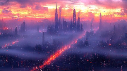 Fototapeta premium Futuristic Cityscape at Sunset: A Digital Painting of a Mysterious Metropolis