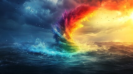 Colorful tornado disrupts ocean waves