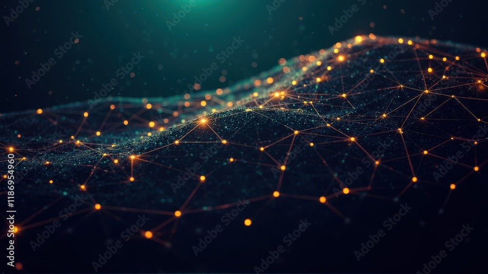 Poster abstract representation of a digital circuit network displaying connections and light effects in a d