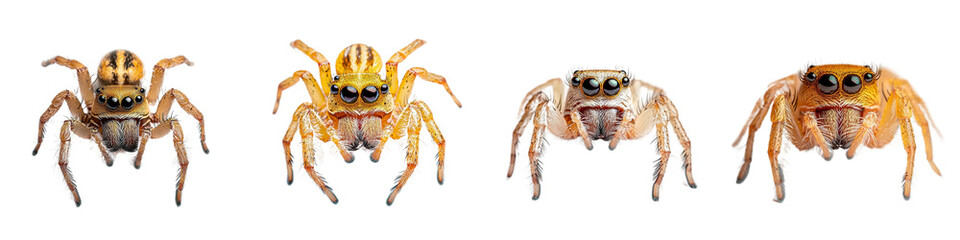 Fototapeta premium Four Colorful Jumping Spiders on a White Background for Nature and Biology Themes