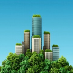 A futuristic cityscape featuring skyscrapers adorned with greenery, symbolizing urban sustainability and eco-friendly architecture against a clear blue sky.