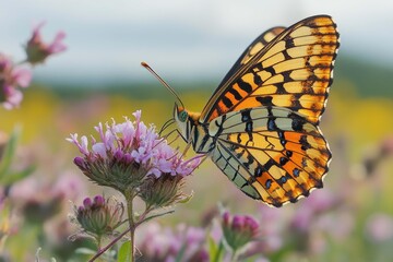 Colorful butterfly resting on pink flowers in a blooming meadow during late afternoon