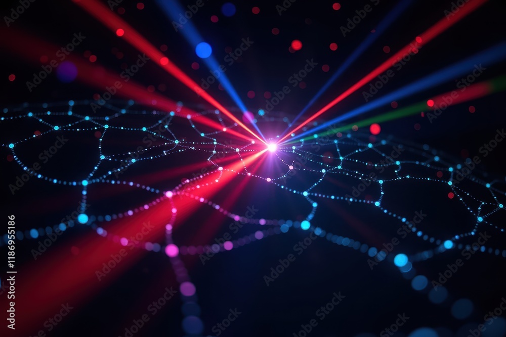 Poster abstract digital art depicting light rays projecting through a network of connected nodes and circle