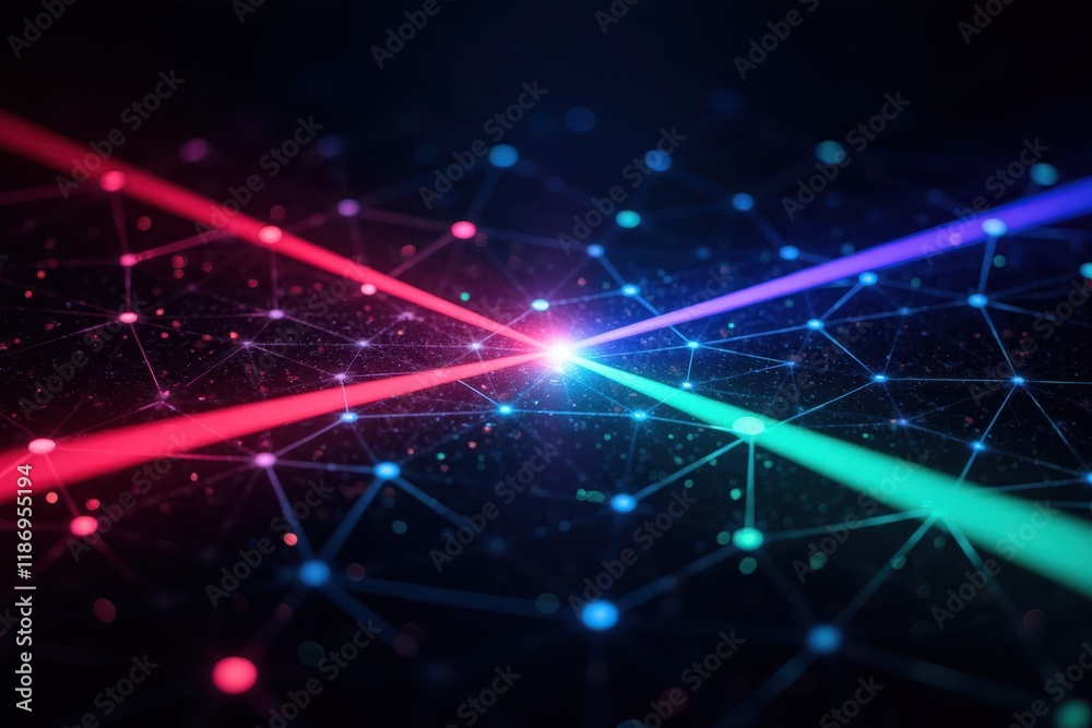 Poster abstract illustration of colorful laser beams intersecting in a network of glowing nodes representin