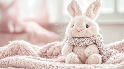 Cute Bunny Wearing a Scarf on a Knit Blanket