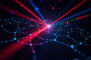 Fototapeta premium Abstract Digital Art Depicting Light Rays Projecting Through a Network of Connected Nodes and Circles in Red, Blue, and Green Colors Against a Dark Background