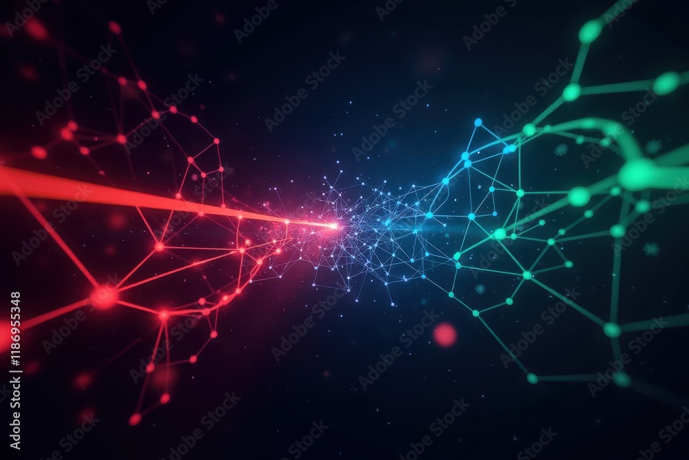 Poster a dynamic visualization of a network connecting through vibrant red and blue light streams represent