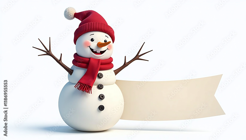 Poster A Happy Smiling Snowman With A Blank Label Banner Is Isolated On A White Background With A Transparent Png Image. 00002