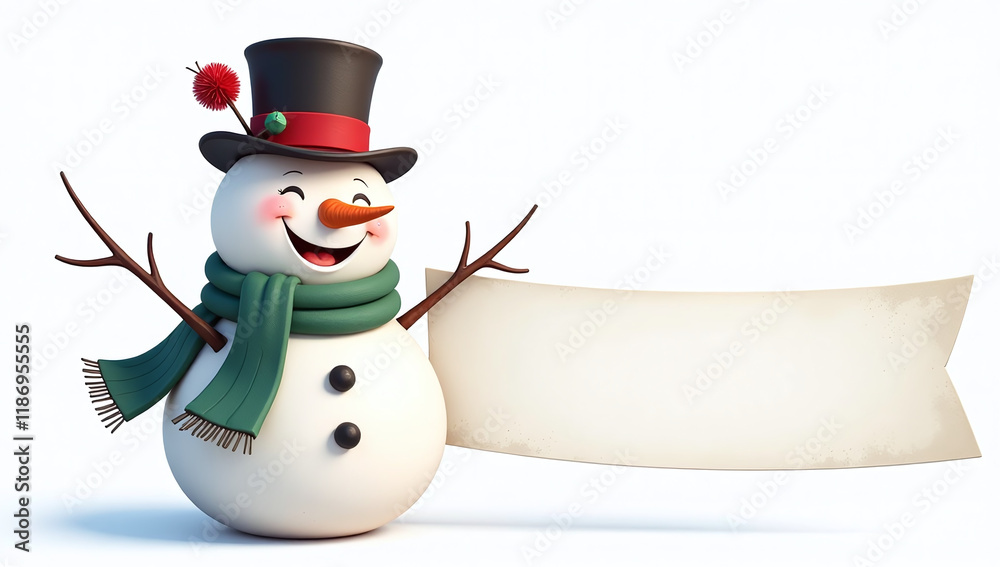 Aufkleber a happy smiling snowman with a blank label banner is isolated on a white background with a transpare