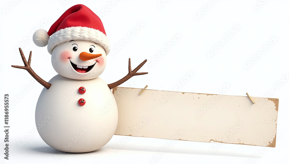 Poster a happy smiling snowman with a blank label banner is isolated on a white background with a transpare